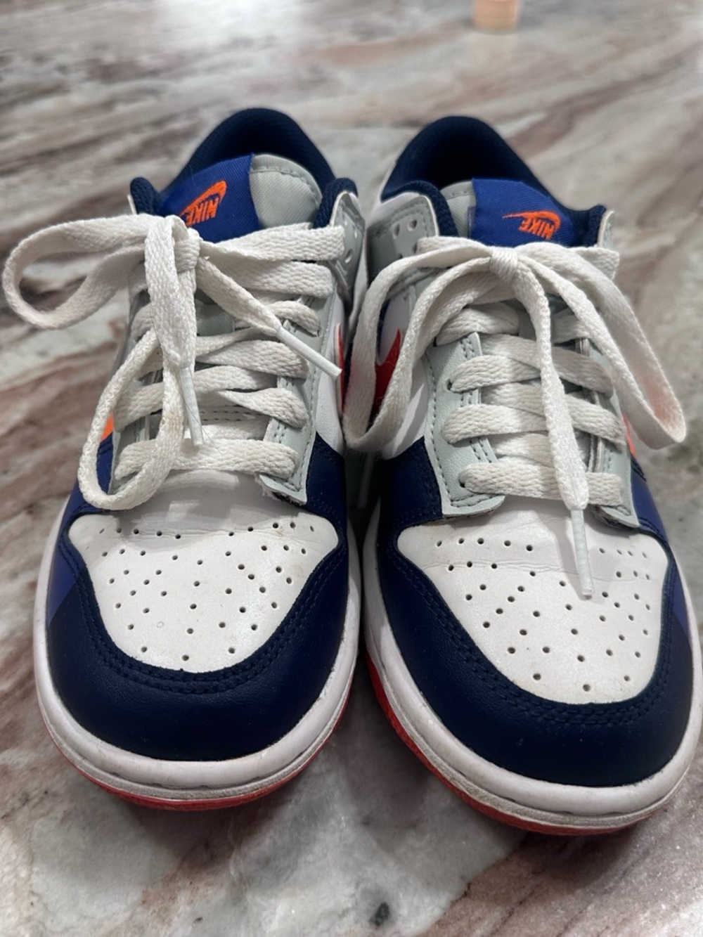 Nike Dunks. Kids White, Blue & Orange Low-Top Athletic Shoes - Picture 3 of 6